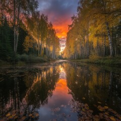 Obraz premium Vibrant autumn sunset reflecting in a calm forest stream with colorful trees