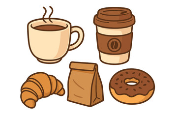 Coffee shop elements set. Vector cartoon icons for cafe menu. Breakfast collection with hot drink, to-go cup, croissant, donut and paper bag. Cute food illustration.