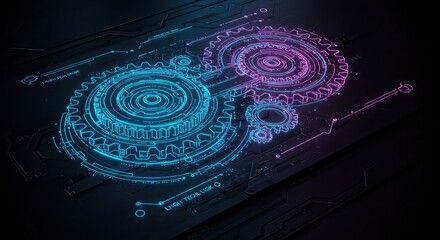 Dynamic glowing neon gears interlock in a futuristic digital network, representing innovation and advanced technology.