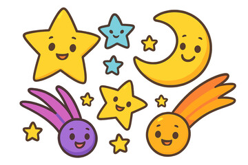 Fototapeta premium Cute cartoon celestial characters set. Kawaii smiling space elements like star, moon, and comet. Kids vector illustration for nursery decor, stickers, or patterns. Happy icons.