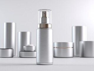 Silver cosmetic spray bottle, surrounded by similar containers