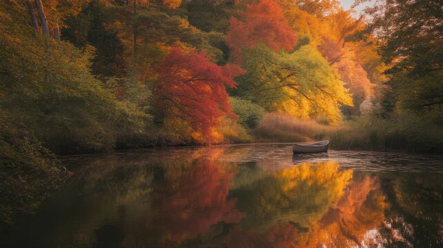 Vibrant autumn forest canopy reflected in a calm lake during golden hour - Powered by Adobe