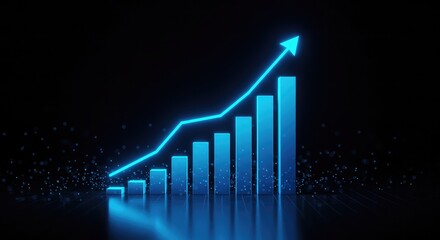 Dynamic blue bar graph and arrow showing upward financial growth and positive economic trends against a dark, abstract background with glowing particles