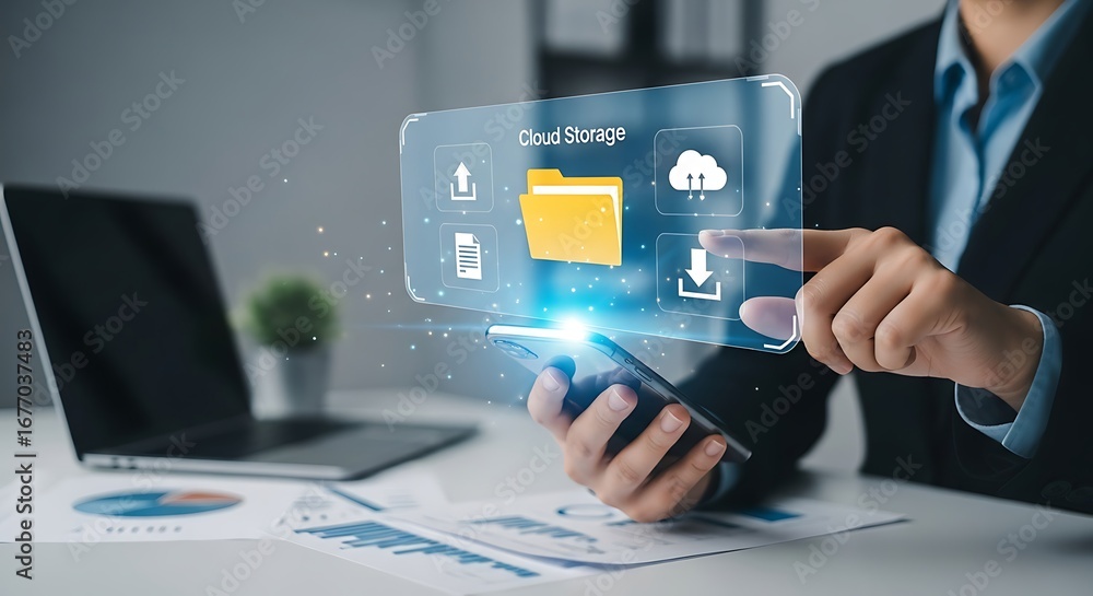 Aufkleber cloud storage concept with a businessman using a smartphone and touching a virtual screen with icons