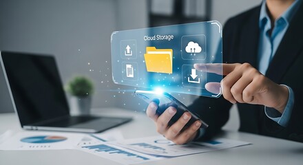Cloud storage concept with a businessman using a smartphone and touching a virtual screen with icons, representing data management, file sharing, and online access for business and finance