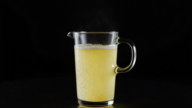 A pot of liquid is boiling on a black background, creating a fluid movement. The transparent drinkware reflects the light like a rectangle of glass under automotive lighting