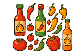 Hot sauce and pepper vector set. Collection of spicy food ingredients like chili, habanero, jalapeno and tomato. Cartoon icons for Mexican cuisine. Isolated condiment bottles.