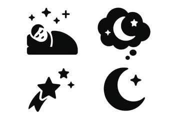 Night sleep solid icon set. Man sleeping in bed under stars, crescent moon in dream cloud, wishing on a shooting star. Cosmic dreams, fantasy, goodnight vector pictogram pack.