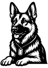 Naklejka premium Black and white vector portrait of a German shepherd dog with collar tag, ideal for engraving, tattoos, prints, and pet projects