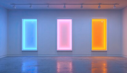 Three illuminated rectangular panels in a gallery setting.  Light-blue, pinkish-peach, and orange colored panels glow against a white gallery wall.  Concrete floor reflects the light