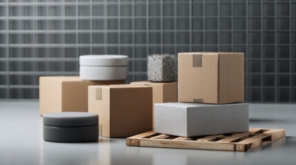 Cardboard boxes stacked warehouse display lifestyle product photography modern commercial branding stylish composition packaging design