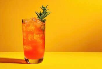 Vibrant orange cocktail in a tall glass, garnished with rosemary sprig, against a bright yellow background