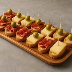 Spanish Tapas Skewers with Ham, Cheese, and Olives