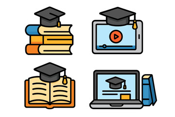 E-learning icon set. Online education, distance learning concept. Graduation cap on books, laptop, and tablet. University knowledge symbol. Webinar, online course vector.