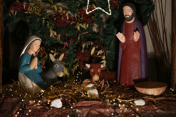 Christmas nativity scene Creche with Joseph Mary, Jesus