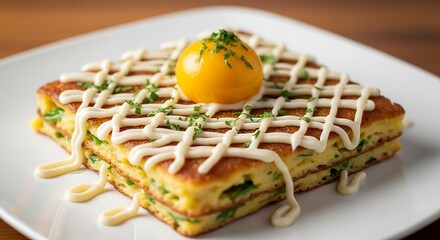 Japanese Savory Pancake with Egg and Sauce.
