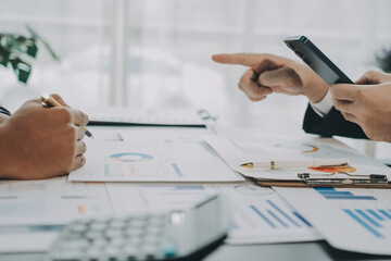 Accounting company provide finance and taxation planning for profitable cash flow, Auditor and accountant team working in office, analyze financial data and accounting record with calculator.Insight