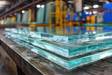 Stacked sheets of clear glass on a metal surface in a factory (1)