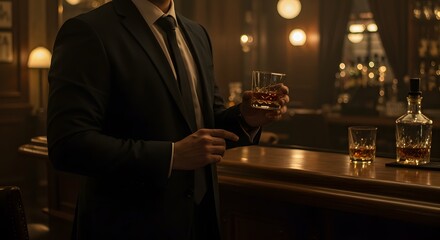 A stylish man enjoys a drink in a dimly lit bar setting, creating a sophisticated and relaxed atmosphere.