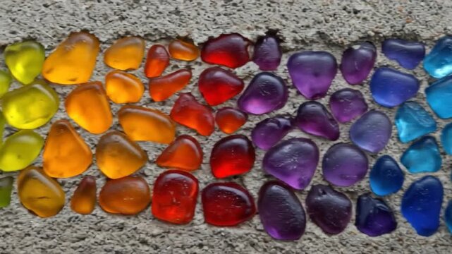 Glass pebble rainbow gradient on textured concrete surface abstract design