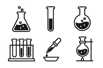 Vector collection of chemistry glassware and lab tools. Test tube, flask, beaker, pipette icons for medical, biology, and experiment design. Scientific analysis symbols.