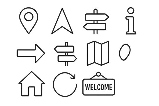 Navigation and user interface line icon set. Vector symbols for GPS, map pointer, location pin, direction arrow, and home button. Info, welcome sign, refresh for web design.