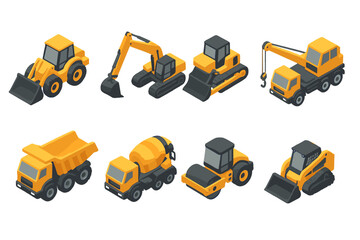 Fototapeta premium Construction vehicles isometric 3d icon set. Heavy machinery for building industry. Vector illustration of excavator, bulldozer, crane, loader, dump truck, and cement mixer.