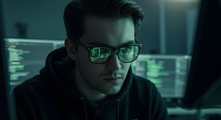 Focused individual working on code, reflected in glasses, in a dimly lit environment with multiple monitors.