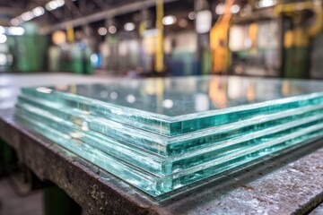 Stacked sheets of clear glass on a factory table.  Factory interior blurred background