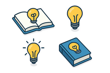 Isometric icon set for knowledge and creativity. Open book with lightbulb, innovation symbol. Concept for learning, education, new ideas, inspiration, brainstorming, discovery.