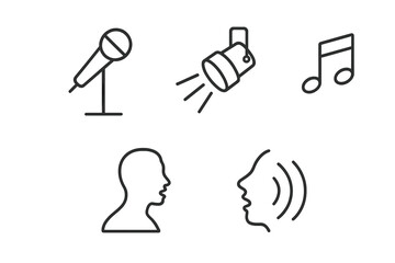 Vocal performance line icon set. Solo singer concert concept. Microphone on stand, spotlight, music note, artist silhouette, voice sound wave symbols. Editable stroke vector.