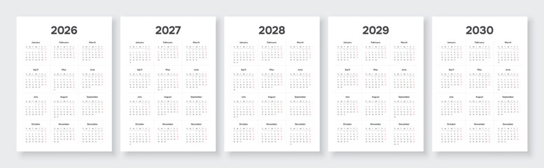 2026, 2027, 2028, 2029, 2030 year annual calendars. White background English language. Includes 12-month with weeks starting on Sunday.