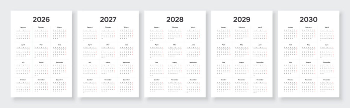 2026, 2027, 2028, 2029, 2030 year annual calendars. White background English language. Includes 12-month with weeks starting on Sunday.