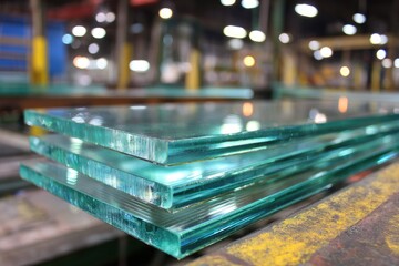 Stacks of clear glass sheets on a factory production line