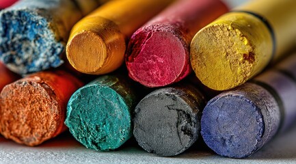 Close-up of used crayons, showing worn, colored tips