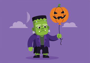 A green Frankenstein's monster character holding a pumpkin-shaped balloon, celebrating Halloween with a fun, spooky vibe against a purple background