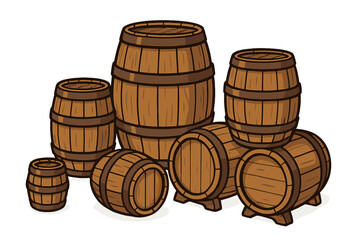 Collection of wooden barrels for alcohol. Vector illustration of rustic vintage casks for wine, beer, or whiskey. Old cooperage container objects for a winery, pub or cellar.
