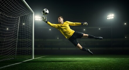 Goalkeeper dives to block soccer ball, illuminated by stadium lights in intense athletic competition.