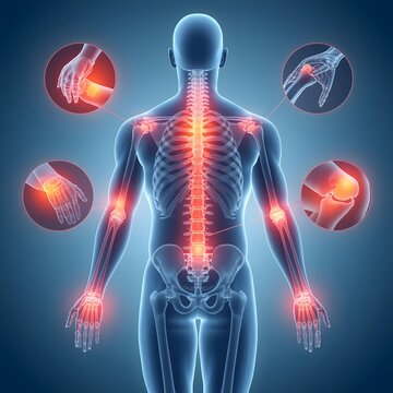 Human anatomy showing joint pain and inflammation in the body