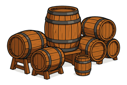 Set of wooden barrels for wine or beer. Vector cartoon illustration. Rustic old oak cask for alcohol storage in a cellar or pub. Vintage container for whiskey or rum.