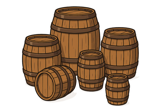 Set of wooden barrels. Vector cartoon illustration. Old rustic cask for wine, beer, whiskey. Oak container for alcohol. Vintage keg for brewery, distillery, pub, tavern.