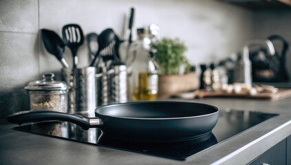 Empty black pan on a modern kitchen countertop