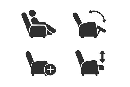Recliner chair function icon set. Armchair pictogram collection. Man relaxing on adjustable furniture. Seat lift mechanism, comfort position and footrest vector icons.