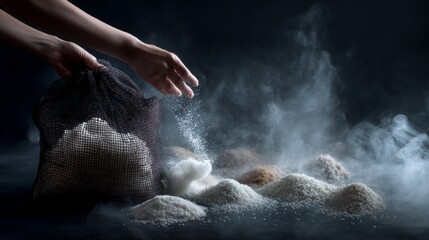 Sacks with flour dust lifestyle product photography rustic farm modern commercial branding stylish composition artisan design