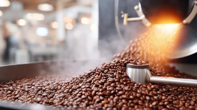 Roasted Coffee Bean Cascade: A captivating close-up of a cascading flow of freshly roasted coffee beans, spilling from a professional roaster machine, offering a rich textural experience. 