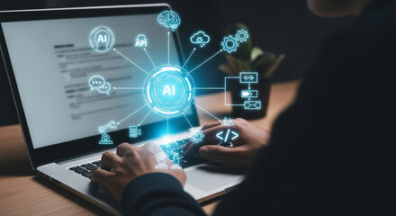Hands typing on laptop with artificial intelligence network