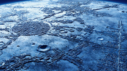 large scale 3D schematic overlay of moon base infrastructure on surface photo blueprint style fusion illustration concept scene visual for commercial design use high detail quality stock image