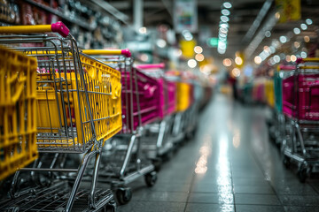 Rows of Shopping Carts in a Supermarket