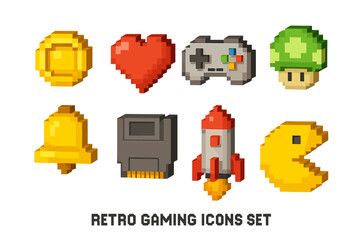 Retro gaming pixel art 3D icons set. Classic 8-bit video game symbols. Arcade graphics collection with coin, heart, life, gamepad, rocket, cartridge, mushroom, bell vector.