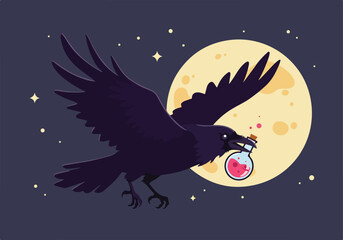 Spooky Halloween illustration of a dark crow carrying a magical pink potion in its beak while flying across a large full moon in the starry night sky